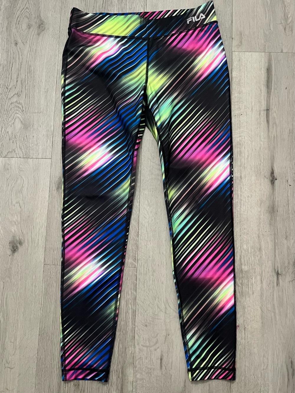 Fila  Black Leggings with Pink, Blue & Neon Green Diagonal Stripe Print
